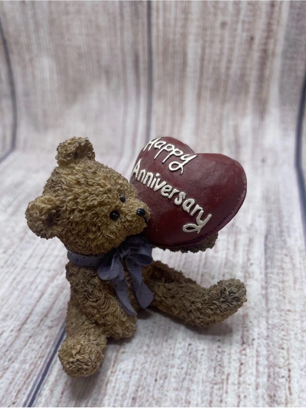 Teddy Bear Heart Resin Figurine Happy Anniversary Shadowbox Shelf Decor
